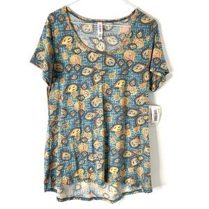 LuLaRoe Blue Orange Paisley Classic Tee Hi Lo Curved Back Hem Stretch NWT